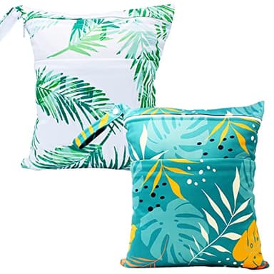 YULUONAPS Wet Dry Bag Waterproof Reusable Wet Bag for Swimsuit, Travel, Beach, Pool, Bathing, Diapers, Dirty Yoga Gym Clothes Toiletries Daycare Organizer with Two Zippered Pockets (green leaf)