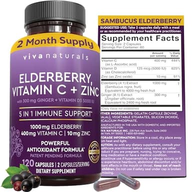 Viva Naturals Elderberry with Vitamin C and Zinc for Adults - 5 in 1 Sambucus Black Elderberry Capsules with Vitamin D3 5000 IU Immunity Supplement, Sambucus Elderberry Immune Support Supplement