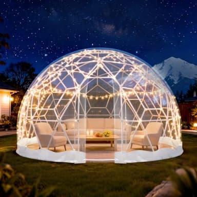 Zumic Garden Dome Tent 12*7.2FT, 360° View Geodesic Dome Greenhouse with PVC Clear Cover, Waterproof Garden Bubble Dome Tent House with 2 x 10M Light Strings for Outdoor, White