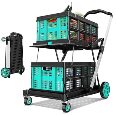 BSMTEK 8-in-1 Max 200LBS Collapsible Shopping Cart on Wheels with 2 Storage Crates, Portable Foldable Shopping Cart with Foot Brake for Picnic, Supermarket, Office, Blue-2026 Upgraded