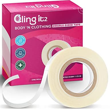 CLING IT2 Double Sided Tape for Clothes, Extra Strength All Day Adhesive Clothing Tape, Versatile Fashion Tape for Fabric, Dress, Cloth, Hemming, No Residue, Gentle on Skin & Body, Transparent Tape.