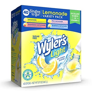 Wyler's Light Lemonade Variety Pack, 40 ct Singles to Go Powder Packets, Water Drink Mix, Variety Pack, Pink, Strawberry & Blueberry Lemonade, Sugar & Caffeine Free, On-The-Go,(Pack of 1)