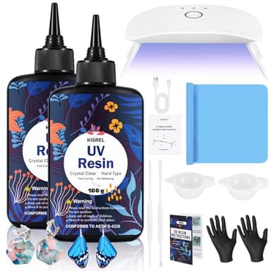 KISREL UV Resin with Light - 200g Upgraded Hard Type Crystal Clear Ultraviolet Curing UV Resin Kit, 8 Lamp Beads UV Light, Resin Kit with Light for Craft Jewelry Making