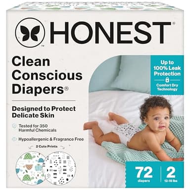 The Honest Company Comfort Dry Disposable Daytime Diapers for Sensitive Skin, Hypoallergenic, Fragrance-Free, Turtle Time + Pattern Play, Club Box Size 2 (12-18 lbs), 72 Count