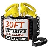 PlugSaf 30 FT 50 Amp RV/EV Extension Cord Outdoor with Grip Handle, 4 Prong Flexible Heavy Duty 6/3+8/1 Gauge STW RV Power Cord Waterproof, NEMA 14-50P to 14-50R, Black-Yellow, ETL Listed