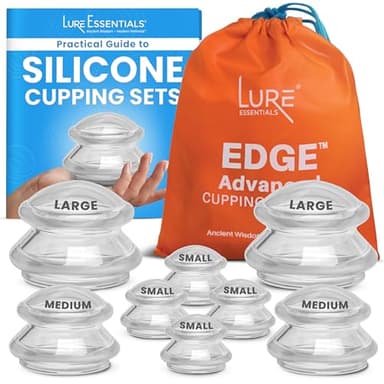 Lure Essentials Edge Silicone Cupping Set, Cupping Kit for Massage Therapy, Long Lasting Cups for Professional & Home Use, Body Sculpt Cup for Cellulite, Ultra Transparent Clear (8 Count)