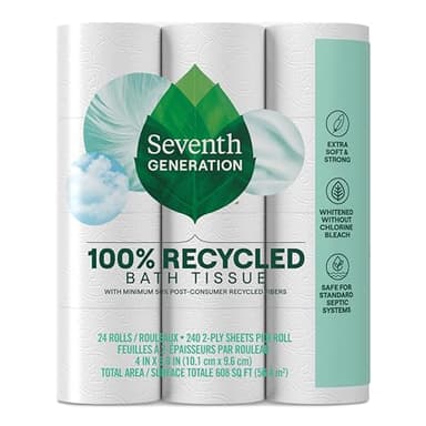 Seventh Generation Toilet Paper White Bathroom Tissue 2-ply 100% Recycled Paper without Chlorine Bleach 24 count, Pack of 2
