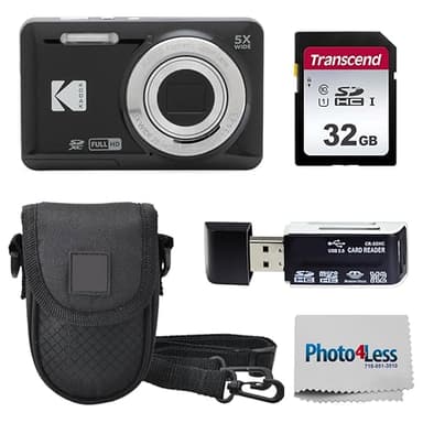 KODAK PIXPRO FZ55 16MP Digital Point & Shoot Camera, 5X Optical Zoom, 28mm Wide Angle, 1080P Full HD Video, Bundle with 32GB SD Card, Protective Case, and Hi-Speed Card Reader (Black)