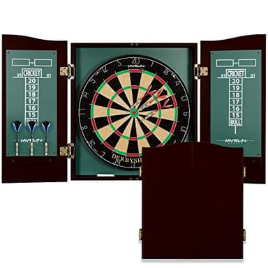 EastPoint Derbyshire Official Size Dart Board Cabinet Set - Green - Includes 6-Piece Steel Tip Darts Set - Self-Healing Sisal Fiber for Game Room Play - Built-In Chalk Scoreboards for Bar Games