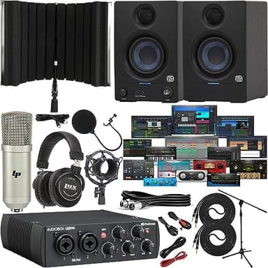 PreSonus AudioBox 96 USB Interface Recording Bundle with Eris 3.5 Studio Monitors, Condenser Microphone, Isolation Shield, HAS-10 Headphones, Stands, Cables and Studio One Software