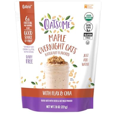 Oatsome Maple Overnight Oats with Flax and Chia, Gluten-Free Oatmeal with 6g of Protein, 7.8oz Bag