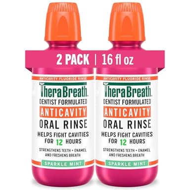 TheraBreath Anticavity Fluoride Oral Rinse Mouthwash, Fights Cavities, Strengthens Enamel and Freshens Breath, Dentist-Formulated, Alcohol-Free, Sparkle Mint Flavor, 16 fl oz, Pack of 2