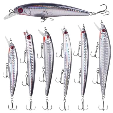 Saltwater Fishing Lures Kit, 6pcs Surf Fishing Sriper Lures Minnow Lures Deep Diving Jerkbait Crankbait Popper Plugs Hard Baits with Treble Hooks for Inshore Offshore Ocean Deep Sea Fishing