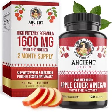 Ancient Bliss Apple Cider Vinegar Organic Capsules with The Mother, Helps Improve Digestion, Unfiltered Vinegar Capsules, 1600MG (120 Capsules)