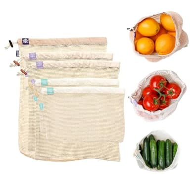 Lotus Reusable Produce Bags - Organic Cotton Washable Produce Mesh Bag for Vegetable Storage, Eco Friendly Reusable Produce Storage Fruit Bag Mesh for Groceries (3 Size Cloth Bags)