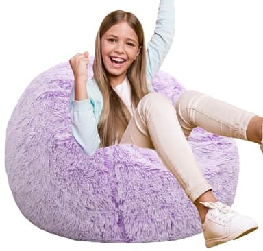 Fluffy Bean Bag Chair for Kids, 2.5FT Round Memory Foam Filled Bean Bag for Teens & Kids, Ultra Soft Faux Fur Fabric Bean Bag Chairs for Playroom, Living Room, Bedroom, Lavender