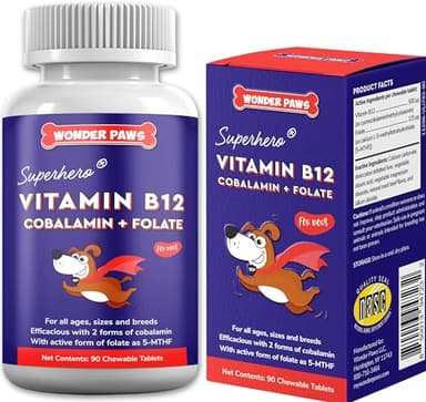 Wonder Paws B12 Supplement for Dogs – Vitamin B-12 for All Ages, Sizes & Breeds – Vitamin B12 for Dogs as Superior Methylcobalamin, Cobalamin & Folate (5-MTHF) – 90 Beef Flavored Chewables