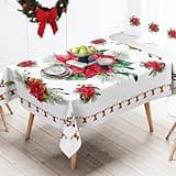 Cuteiush Christmas Poinsettia Tablecloth Dining-Table Decoration Winter Kitchen Small Bell Pattern Suitable Holiday Decor 60x84 inch red