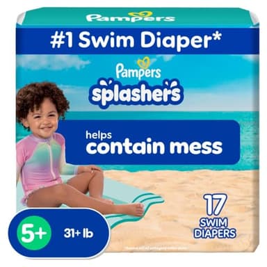 Pampers Swim Diapers - Splashers - Size 5+, 17 Count, Gap-Free Disposable Baby Swimming Pants