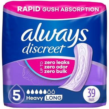 Always Discreet Adult Incontinence Pads for Women, Heavy Absorbency, Long Length, Postpartum Pads, 39 Count