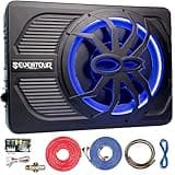 10" Upgrade 800W Slim Under Seat Powered Car Subwoofer, Car/Truck Audio Sub Built in Amplifier amp Combo Package, with Blue LED Light (Subwoofer+Installation Wire Kit)