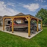 Backyard Discovery Kingsport 20' x 20' Cedar Wood Outdoor Carport Garage with Heavy-Duty Galvanized Steel Slope Roof, Snow Support, Wind Resistance, PowerPort, Shelter to Protect Cars, Boats, Trucks