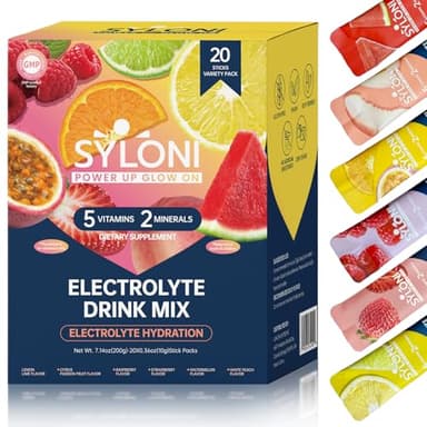 Syloni Electrolytes Powder Packets, Trial Variety Pack(20 Sticks), Sugar Free Hydration Packets Electrolyte Drink Mix with 7 Vitamins and Electrolytes, Keto Friendly, Vegan, Gluten Free