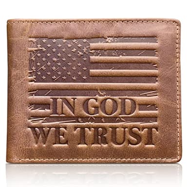 American Flag Wallet for Men, 'IN GOD WE TRUST' RFID-Blocking Cowboy Wallet, Full-Grain Leather, 10 Card Slots, Distressed Vintage Brown – Western Bi-Fold Wallet