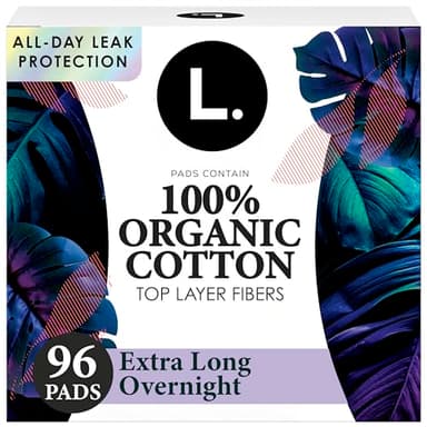L. Ultra Thin Pads for Women, Overnight Absorbency, Organic Cotton Top Layer, Unscented Pads with Wings, 96 Count (4 Packs of 24)
