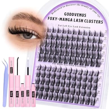 Goddvenus Manga Lash Cluster Kit Wispy Lashes Clusters Fluffy Eyelash Clusters Upturned Foxy Cluster Eyelash Extensions Kit D Curl Fairy Eyelash Extension Kit 10-16mm Individual Lashes Kit
