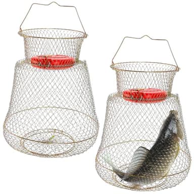 Bekith 2 Pack Galvanized Steel Wire Fish Basket, Collapsible Fishing Basket, Portable Wire Fish Basket Outdoor Use