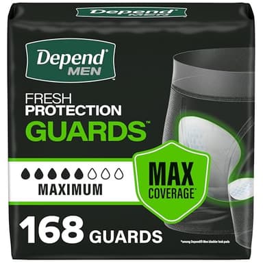 Depend Guards Incontinence Pads for Men, Maximum Absorbency, 168 Count, Packaging May Vary