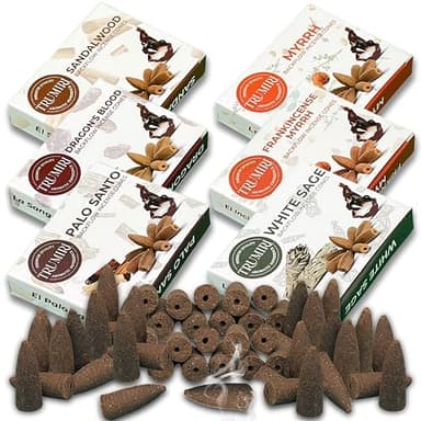 Woody - Backflow Incense Cones for Waterfall - Scented Inscents-Cones - Sandalwood, Dragons Blood, Palo Santo, White Sage - Insiensos Aromaticos - 6x10=60 Large Variety Pack - Back Flow Down Reverse