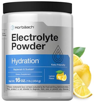Horbäach Electrolytes Powder | 16 oz | 130 Servings | Hydration Supplement | Vegetarian | Keto-Friendly | Non-GMO, Gluten Free Formula | Lemon Flavor