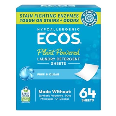 ECOS Laundry Detergent Sheets Vegan, No Plastic Jug, No Mess & Liquid Free - Hypoallergenic, Plant Powered Laundry Detergent Sheet - Free and Clear - 64 Count (Pack of 1)