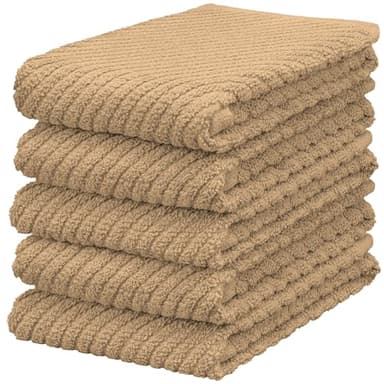DecorRack 5 Pack 100% Cotton Kitchen Towels, 16x19 inch Soft Terry Dish Towels Absorbent & Durable for Drying, Cleaning & Cooking, Tan (Pack of 5)