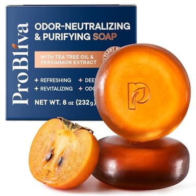 ProBliva Persimmon Soap for Aging Odor: Purifying & Odor-Neutralizing for Old People Smell with Tea Tree Oil & Green Tea - Japanese Deodorizing Body Odor Bar & Eliminator for Adults & Seniors - 2Bars