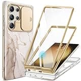 GVIEWIN for Samsung Galaxy S23 Ultra Case with Slide Camera Cover, [Built-in Screen Protector] [2 Front Frames] Military Grade Shockproof, Marble Phone Case Fit S23 Ultra 6.8", Shweta/Beige