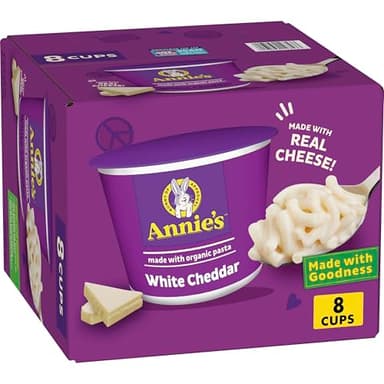Annie's White Cheddar with Organic Pasta, Macaroni and Cheese Microwavable Cups, Made with Real Cheese, 8 Ct, 16.08 oz