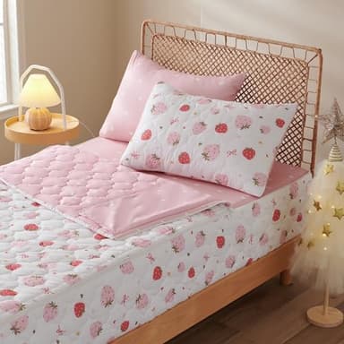 Nayoroom Strawberry Sweet Dreams Twin Zipper Bedding Set for Kids, Pink White Comforter with All-in-One Zipper Design, Cute Berry Bedding for Girls & Boys. (Twin Size)