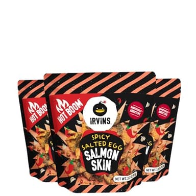 IRVINS Hot Boom Spicy Salted Egg Salmon Skin Chips & Crisps – Premium Hand Cooked, Halal, Keto-Friendly, High Protein Snack, Dangerously Addictive, Real Salted Egg, Spicy, (3.3 oz, Pack of 3)