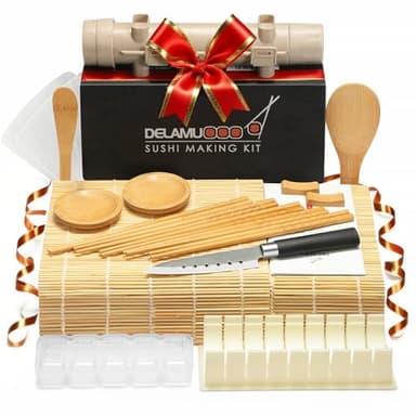 Delamu Sushi Making Kit, 20 in 1 Bazooka Roller Kit with Chef’s Knife, Bamboo Mats, Rice Mold, Temaki Sushi Mats, Rice Paddle, Spreader, Chopsticks, Sauce Dishes, Guide Book