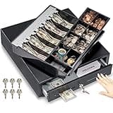 Volcora 16" Manual Push Open Cash Register Drawer for Point of Sale (POS) System, Black Heavy Duty Till with 5 Bills/8 Coin Slots, Key Lock with Fully Removable Money Tray and Double Media Slots