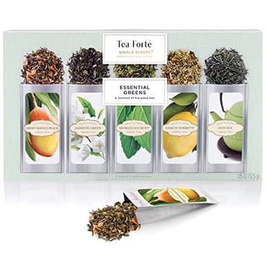 Tea Forte Single Steeps Loose Leaf Tea Sampler, Assorted Variety Tea Box, 15 Single Serve Pouches, Green Tea
