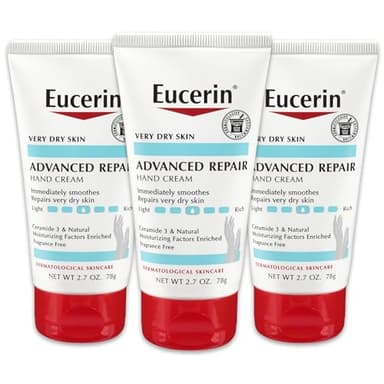 Eucerin Advanced Repair Hand Cream, Immediately Soothes and Repairs Very Dry Skin, Fragrance Free, Non Greasy, Fast Absorbing, Travel Size Hand Lotion, 2.7 Oz Tube, Pack of 3