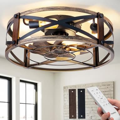 Passky 20" Farmhouse Flush Mount Ceiling Fans with Lights and Remote, Industrial Black Caged Low Profile Fandelier, 6 Speeds Bladeless Ceiling Fan for Bedroom, Kitchen, Living Room