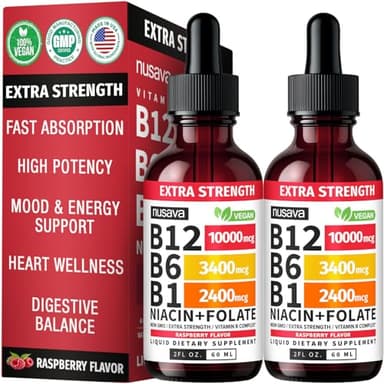 NUSAVA (2 Pack Extra Strength Liquid Vitamin B12 Sublingual Vitamin B Complex - B12 Drops 10000mcg - Methylcobalamin for Energy, Brain, and Heart Support, Raspberry Flavor, 2 floz, 80 Servings