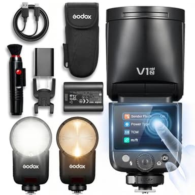 Godox V1 MID N Flash for Nikon, 55W Round Head Speedlite Touchscreen,Upgrade 24mm, 650+Full Power Pops,1.7s Recycle, TTL/HSS 1/8000s V1MID Lightweight Travel Flash for Nikon Zf Zfc Z6II Z8 Fits AK-R1