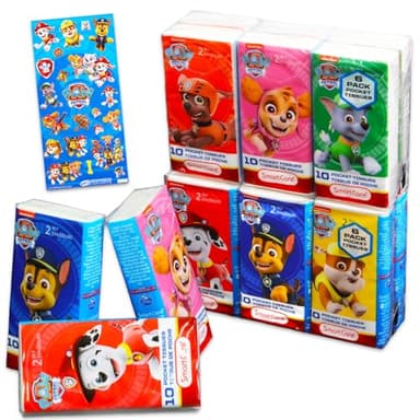 Paw Patrol Pocket Size Facial Tissues Set - 12 Packs of 10 Sheets (120 Sheets) & Stickers | Paw Patrol Disposal Tissues for Travel, School, Classroom