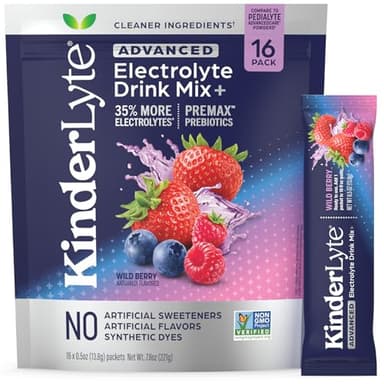 Kinderlyte Advanced Electrolyte Powder for Kids and Adults - Drink Mix Hydration Packets (Wild Berry, 16 Count), with PreMax Prebiotics, No Artificial Sweeteners or Flavors, No Synthetic Dyes